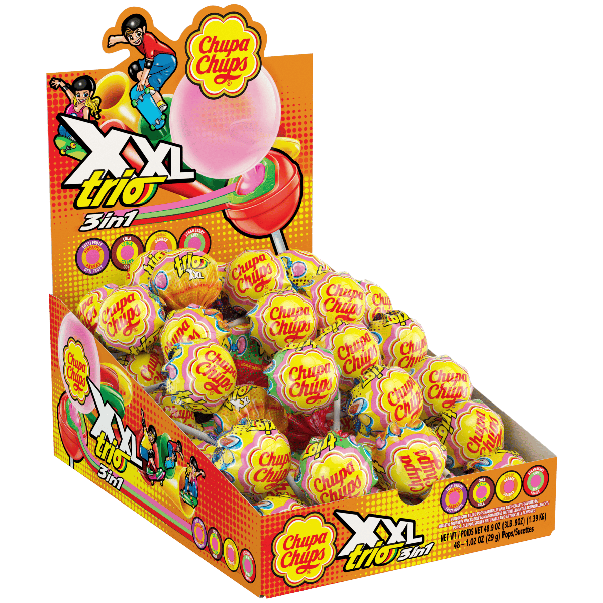 Chupa Chups XXL Trio 3-in-1 lollipops in a display container, with individual lollipops.