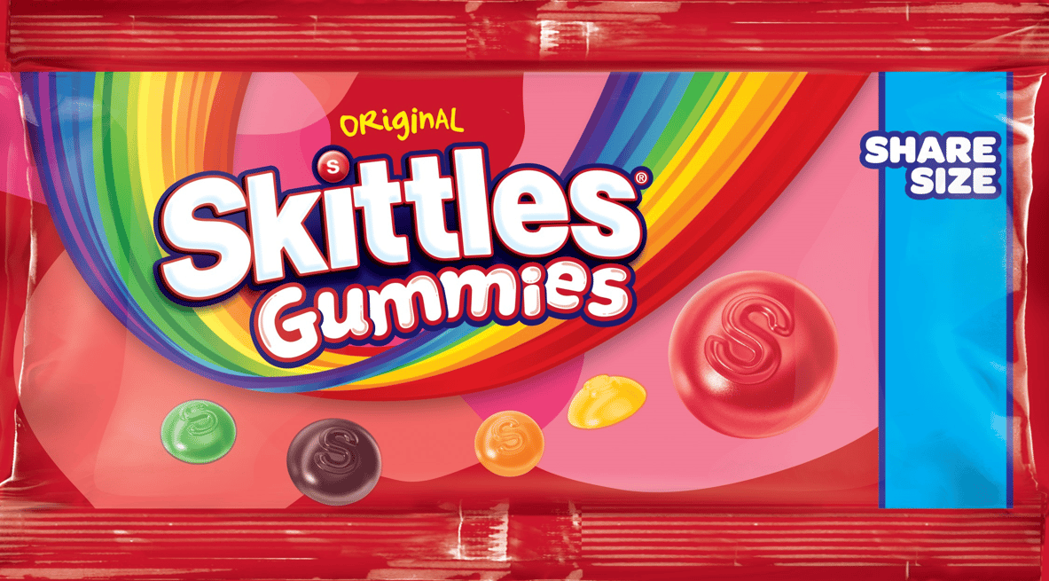 Red Skittles Original Gummies "Share Size" bag with rainbow logo and candies.