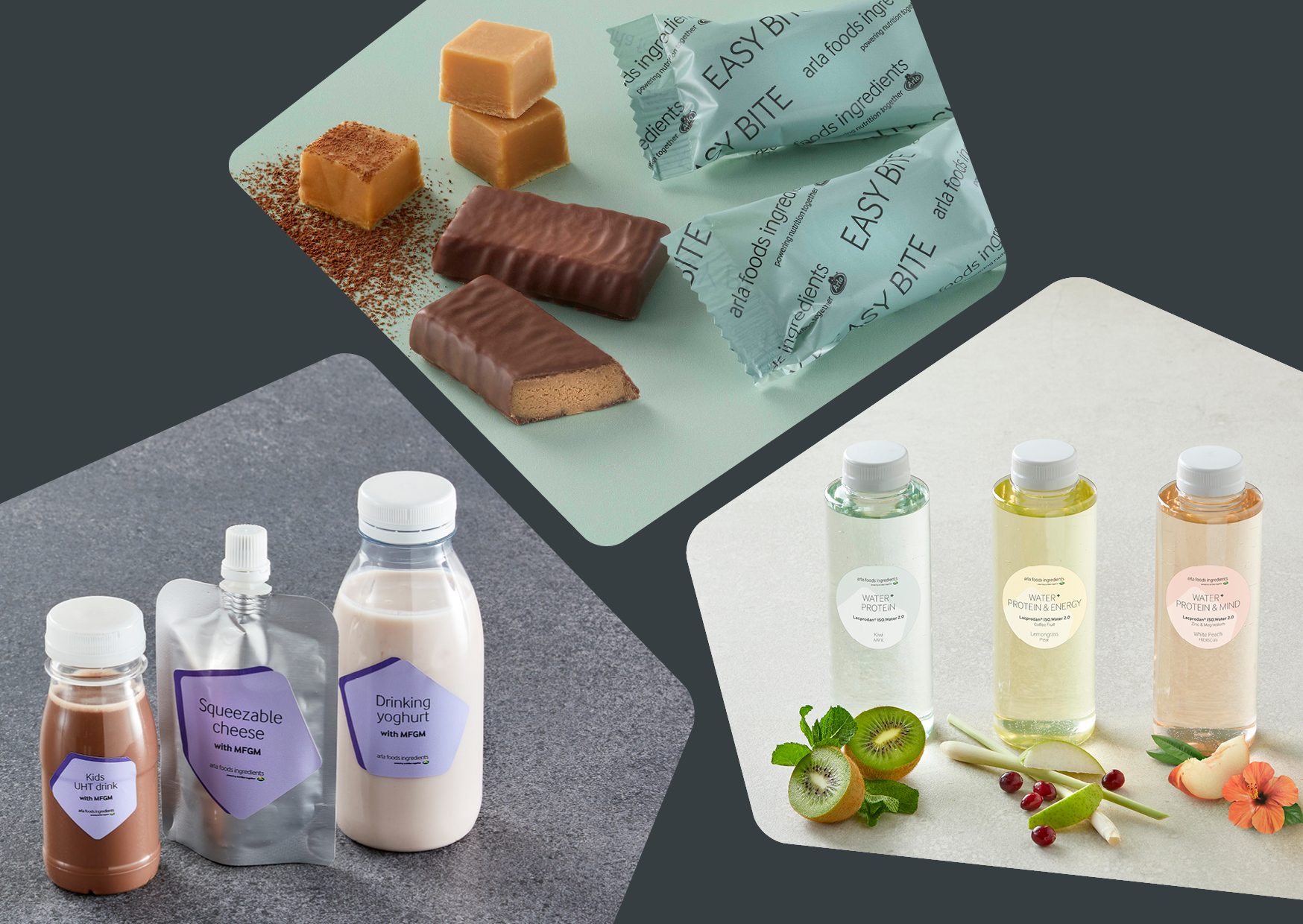 Arla Food Ingredients: protein bars, dairy products, and flavored protein water drinks.