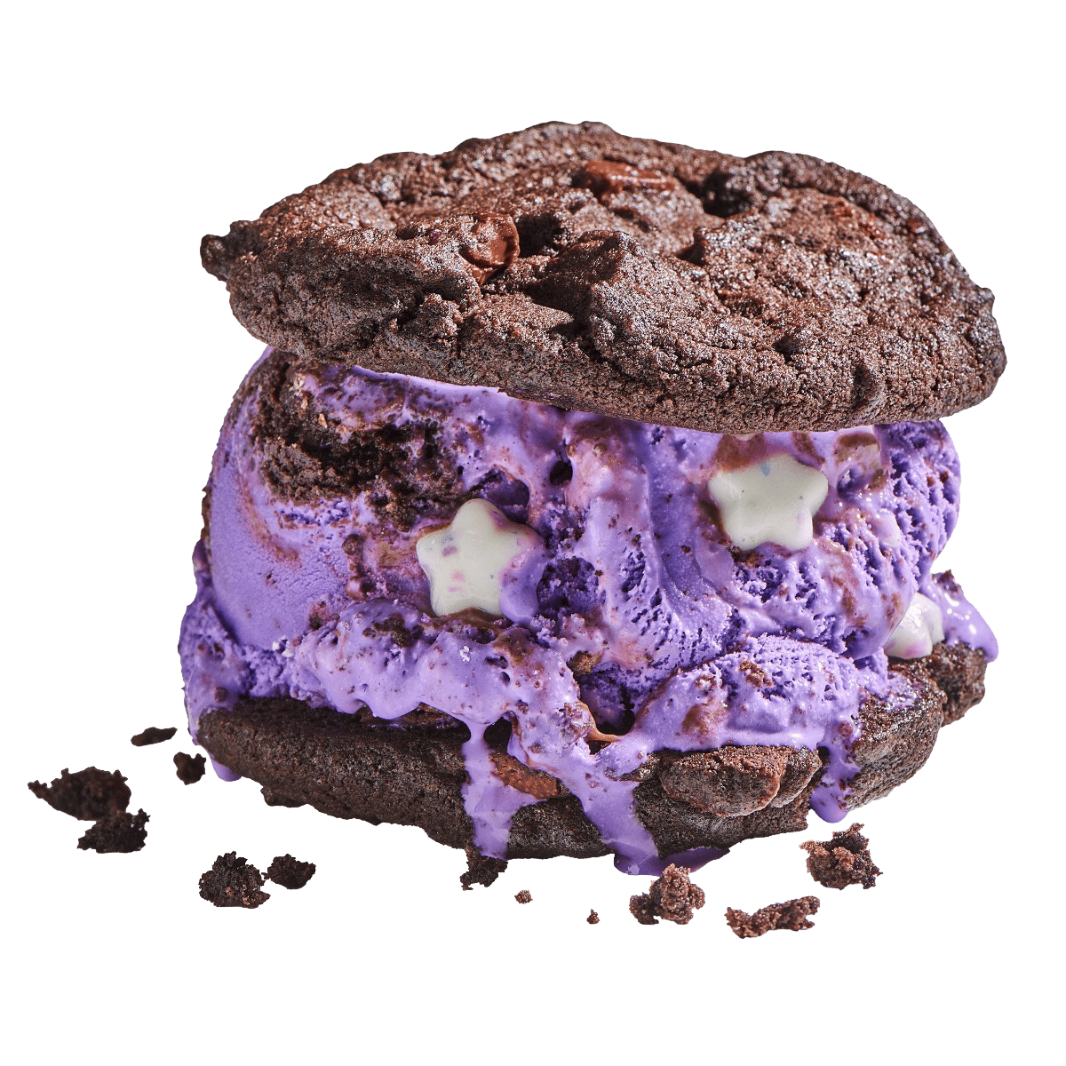 Chocolate cookie ice cream sandwich with melting purple ice cream and white star sprinkles.