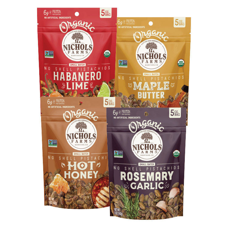 four pouches of Nichols Farms snack nuts