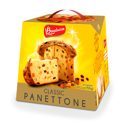 Yellow Bauducco Panettone box with an image of panettone and dried fruits.
