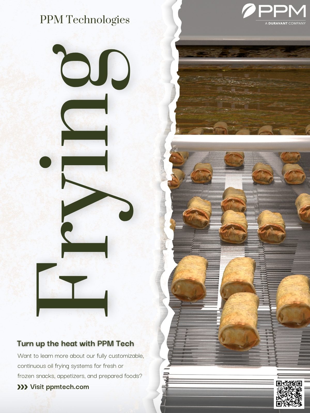 PPM Technologies ad: 'Frying' text, snacks on conveyor belt for continuous frying systems.
