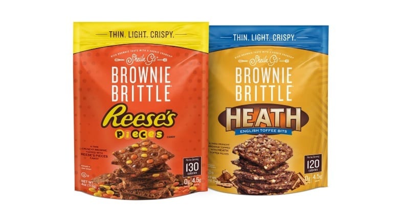 Resealable pouches, brownie brittle, Crunchy snacks, Candy logos