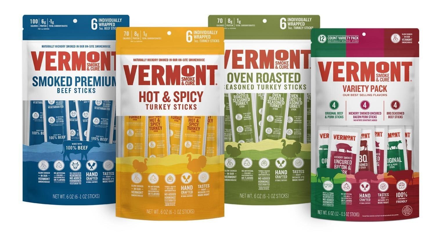Vermont Smoke & Cure products in four bags, with colors like blue, yellow, green, and purple.