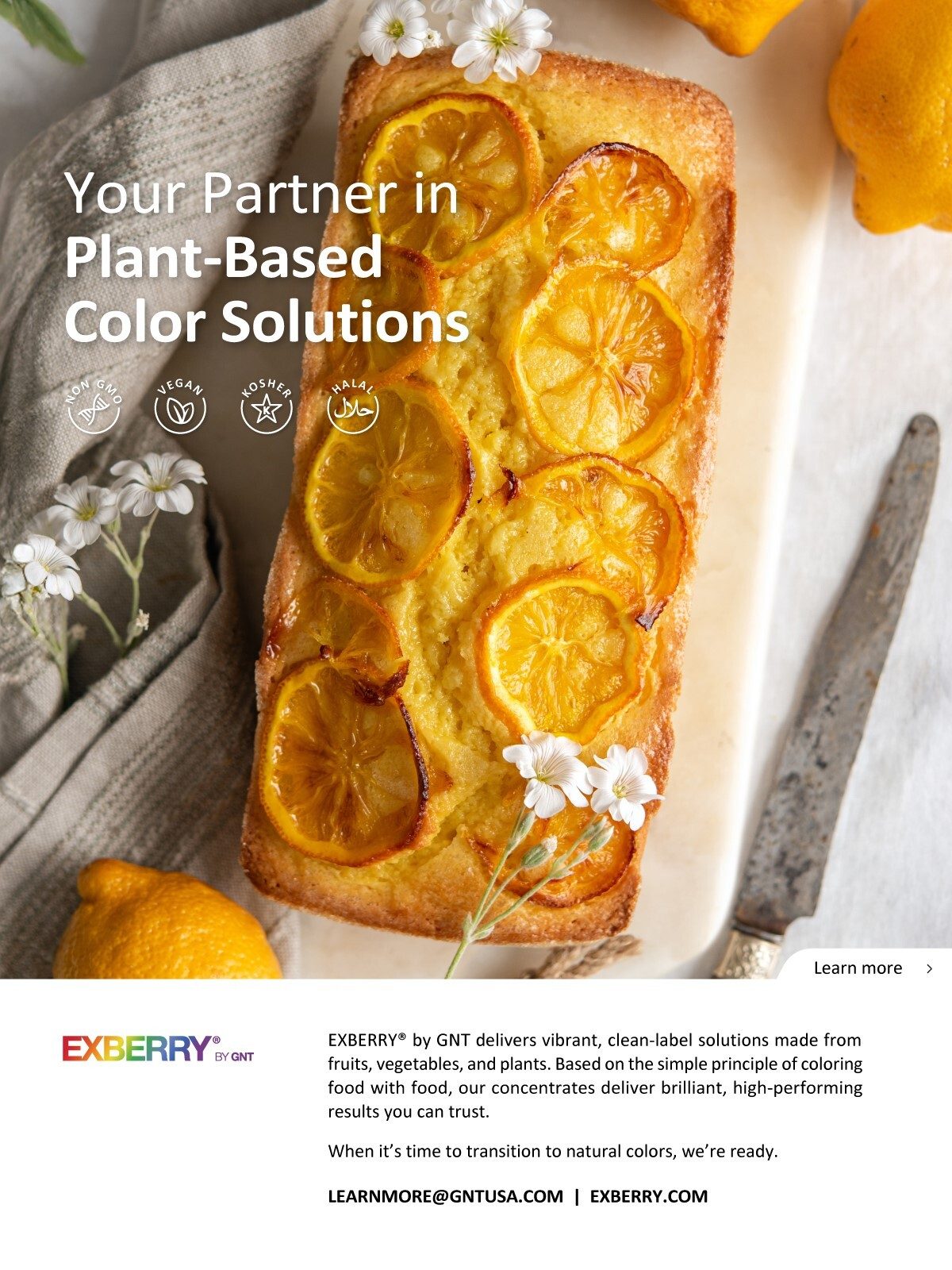 Ad: Lemon loaf cake showcasing EXBERRY plant-based color solutions and certifications.