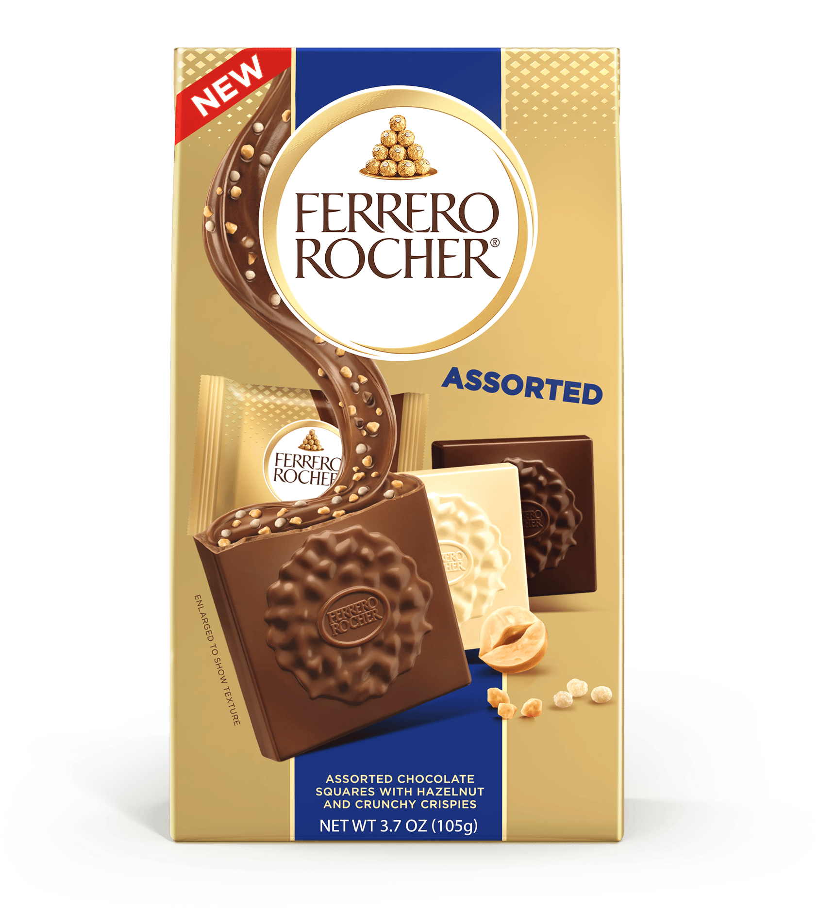 Ferrero Rocher "NEW Assorted" chocolate squares with hazelnut & crispies, 3.7 oz box.