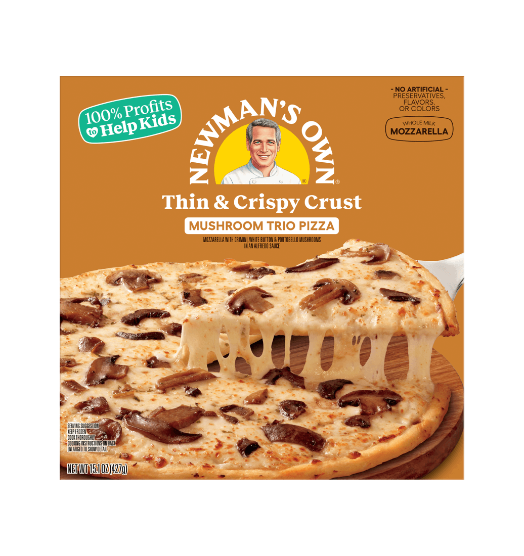 Newman's Own Mushroom Trio Pizza box, thin crust, slice pulled with melted cheese.