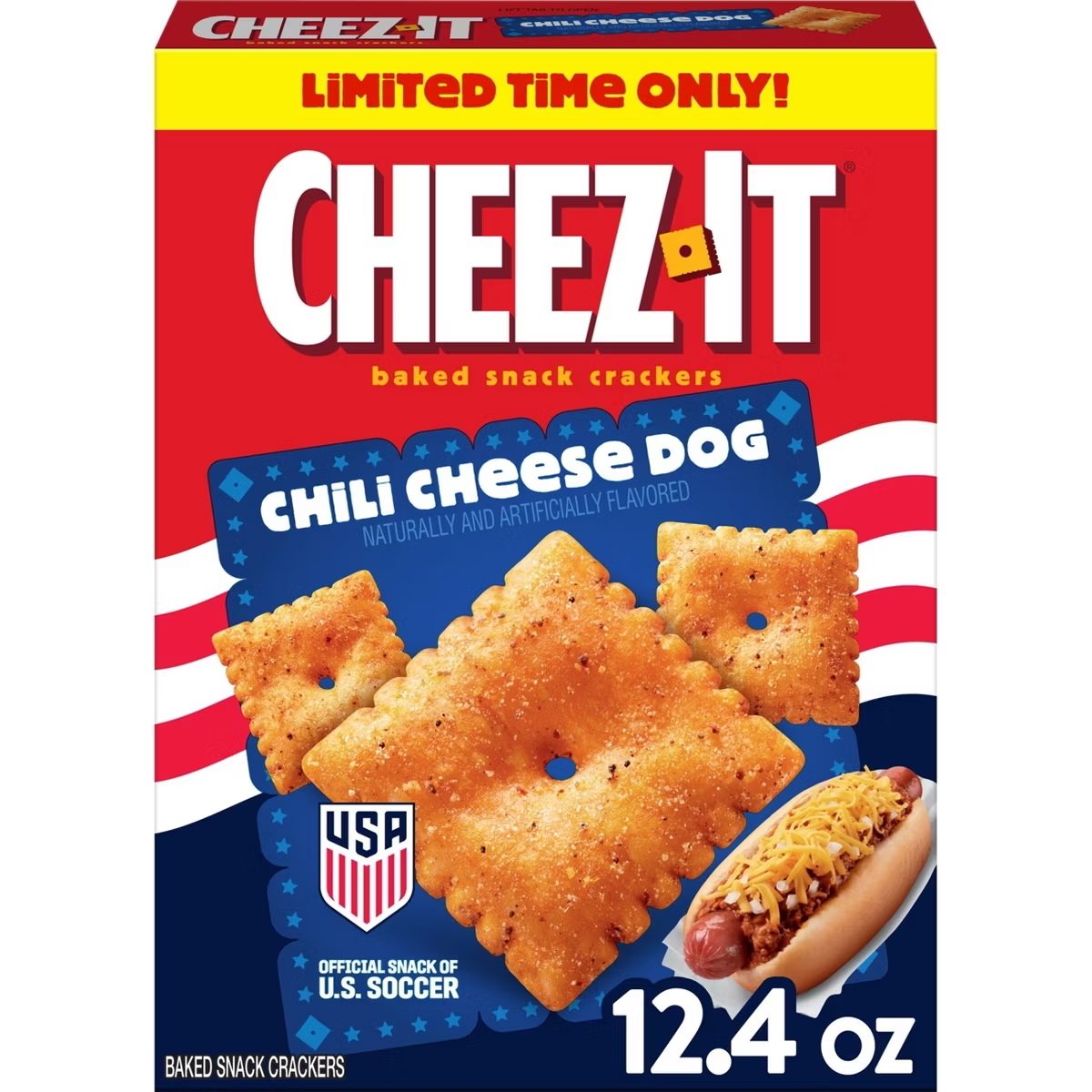 Limited edition Cheez-It Chili Cheese Dog baked snack crackers box with crackers and a hot dog.