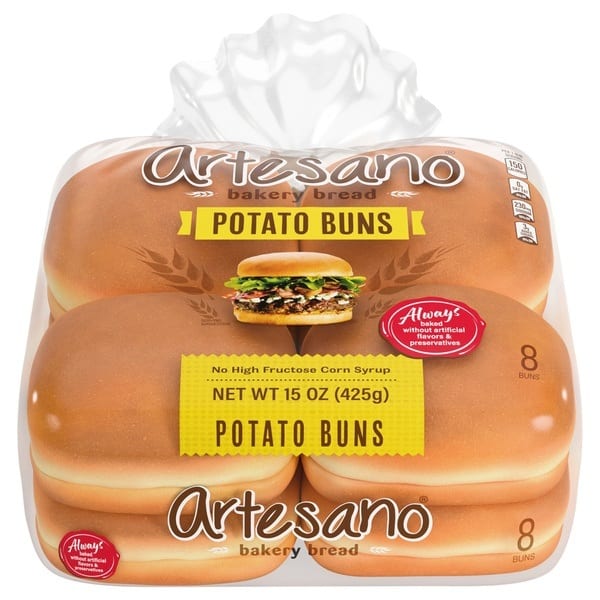 A clear package of Artesano Bakery Bread Potato Buns, 15 oz, stating "Always baked without artificial flavors & preservatives".