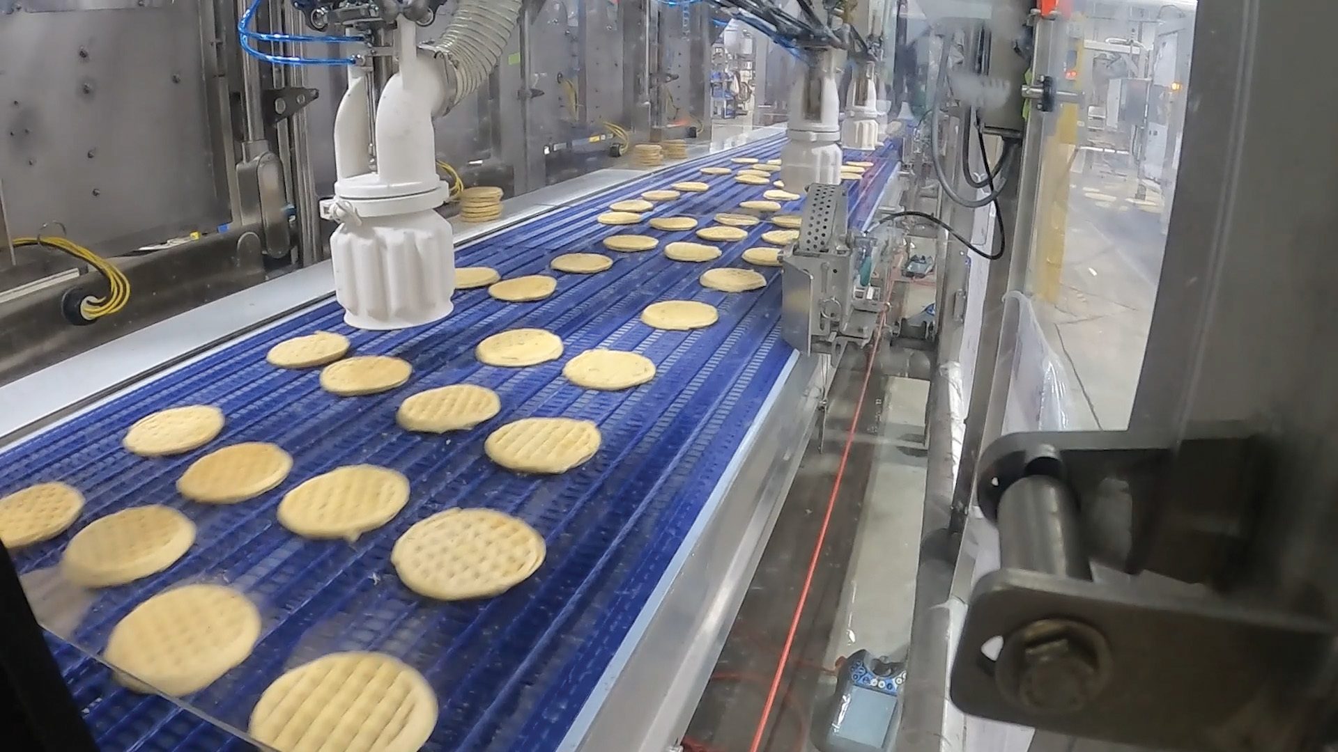 Production line, Equipment, Robotic arms, Wire, Belt, Waffles