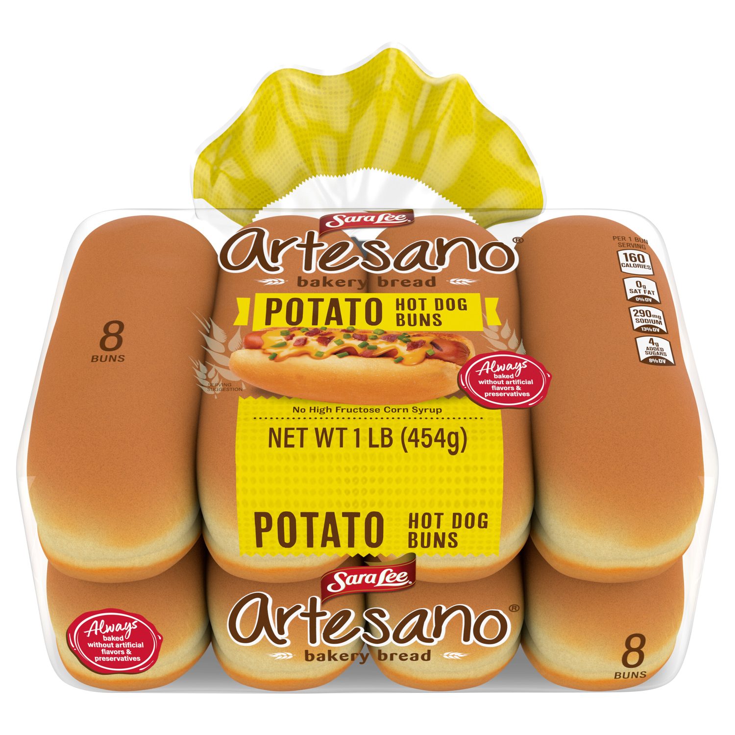 Package of Sara Lee Artesano Potato Hot Dog Buns, 8 count, 1 lb.