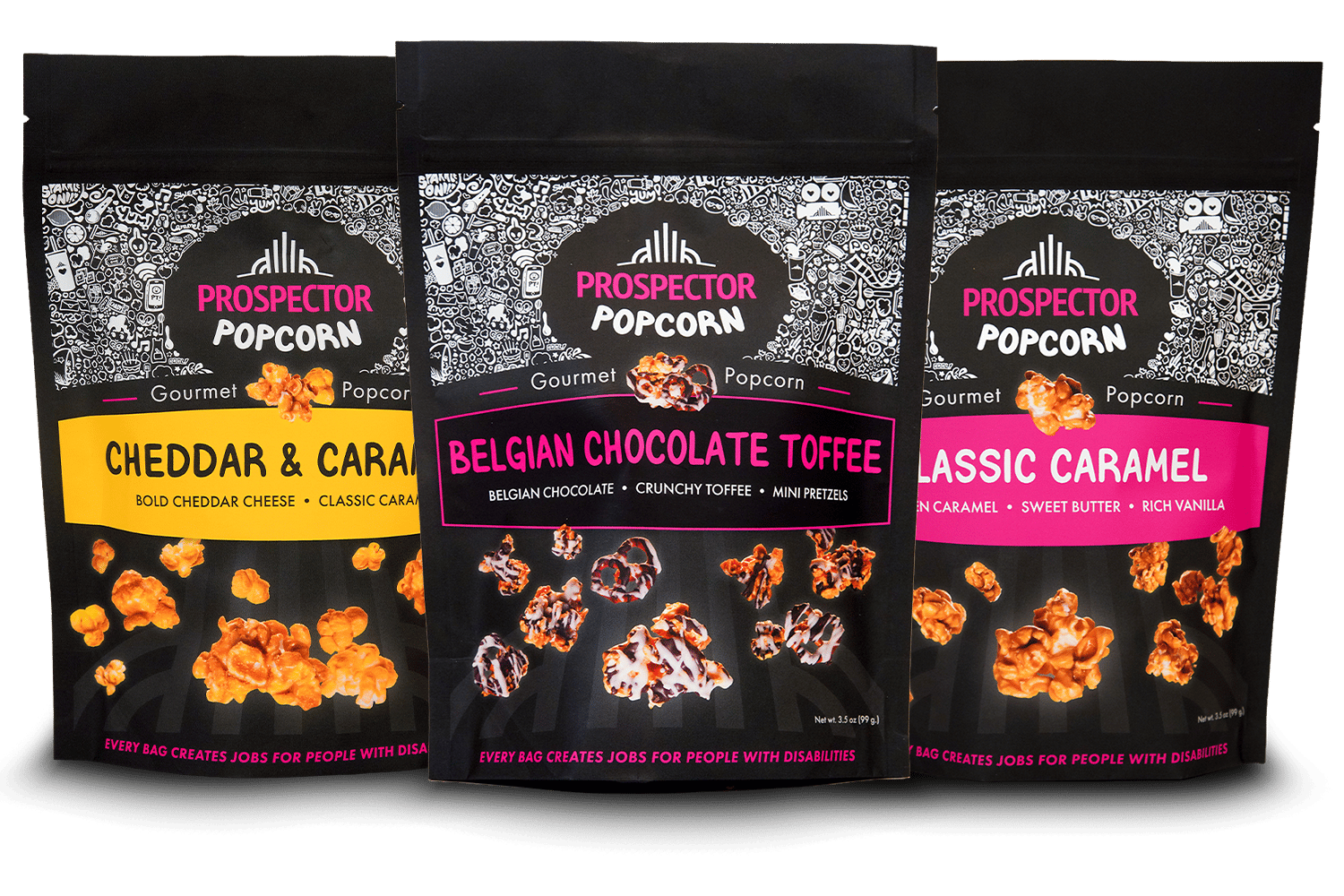 Three bags of Prospector Popcorn (Cheddar & Caramel, Belgian Chocolate Toffee, Classic Caramel).