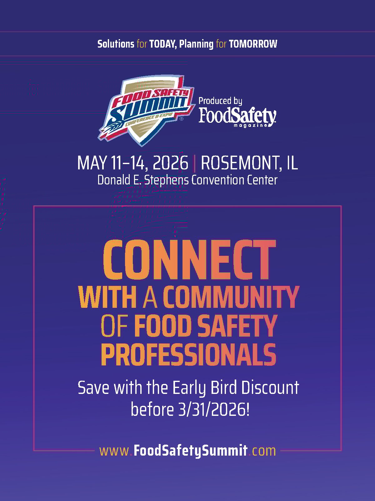Food Safety Summit 2026 event ad: May 11-14, Rosemont, IL. Early bird discount available.