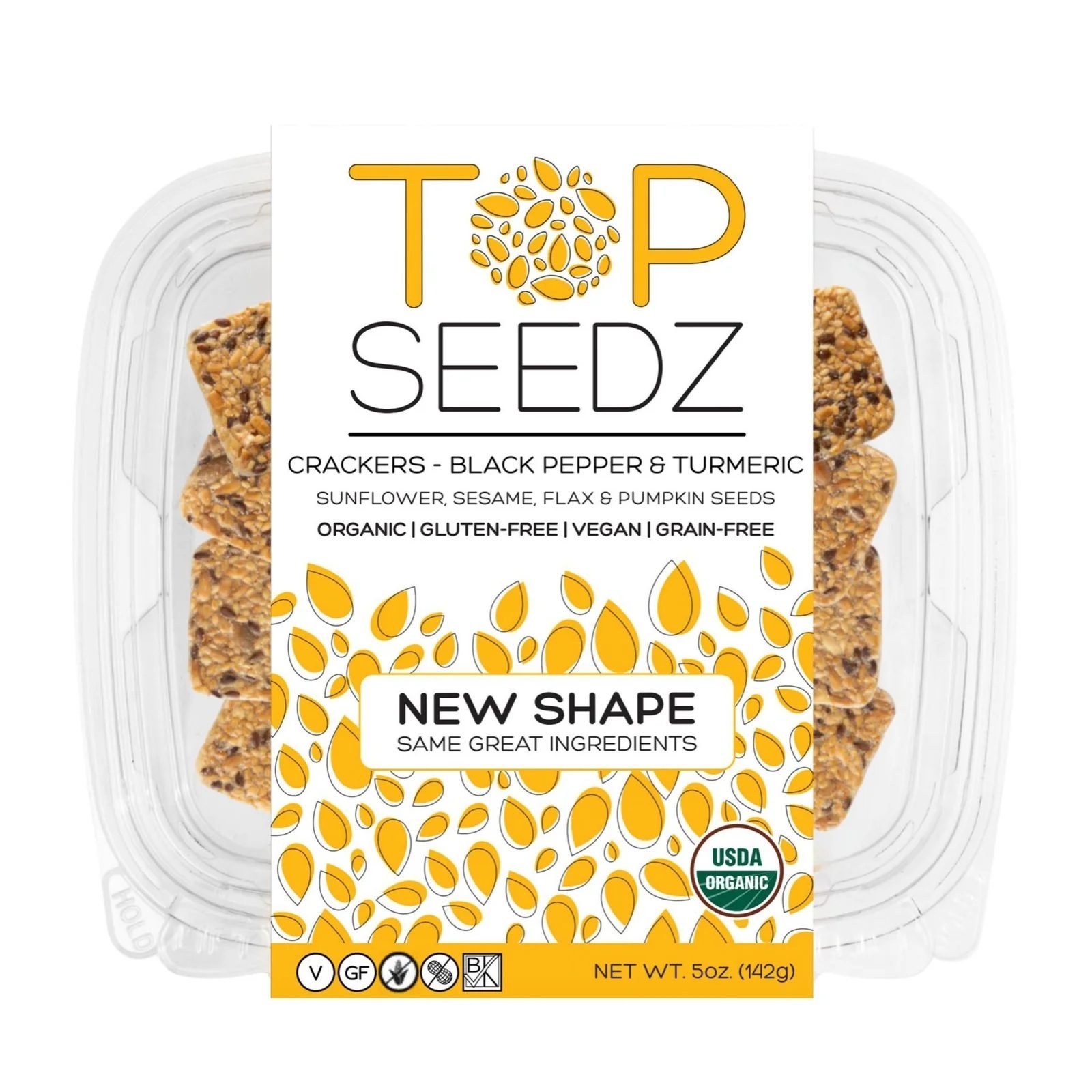 Top Seedz Black Pepper & Turmeric Crackers, organic, gluten-free, vegan, grain-free, in clear container.
