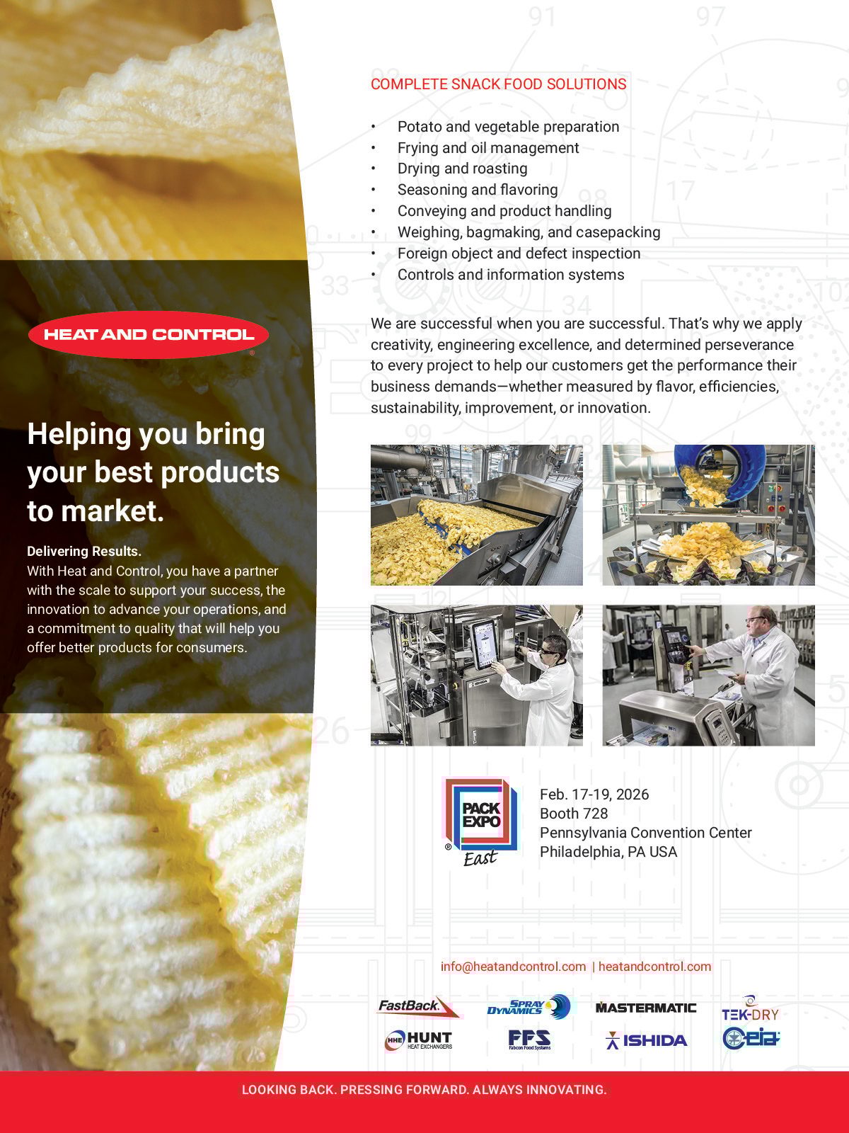 Advertisement for Heat and Control's snack food processing solutions, featuring potato chips and equipment.