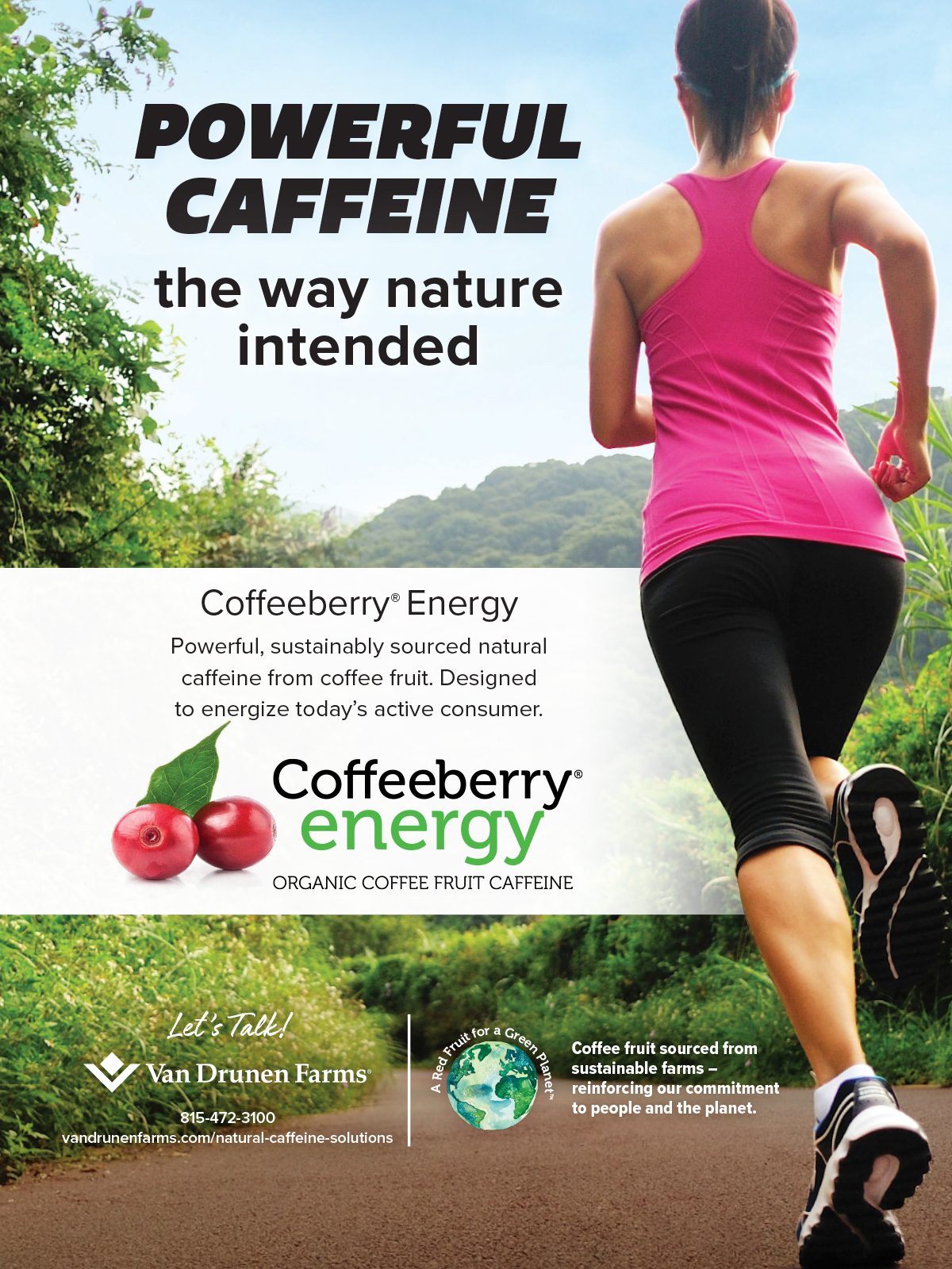 Full page ad, Woman running, Landscape, Berries, Leaves, Earth icon