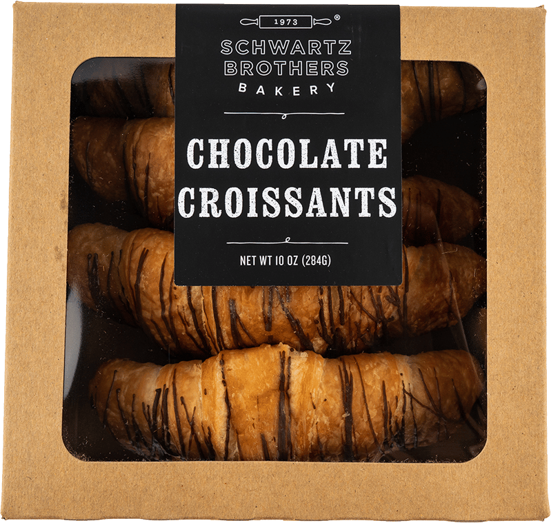 Bakery box, Label, Croissants, Chocolate drizzle, Baked goods