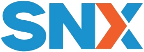 SNX logo: blue SN, orange X with blue chevron.