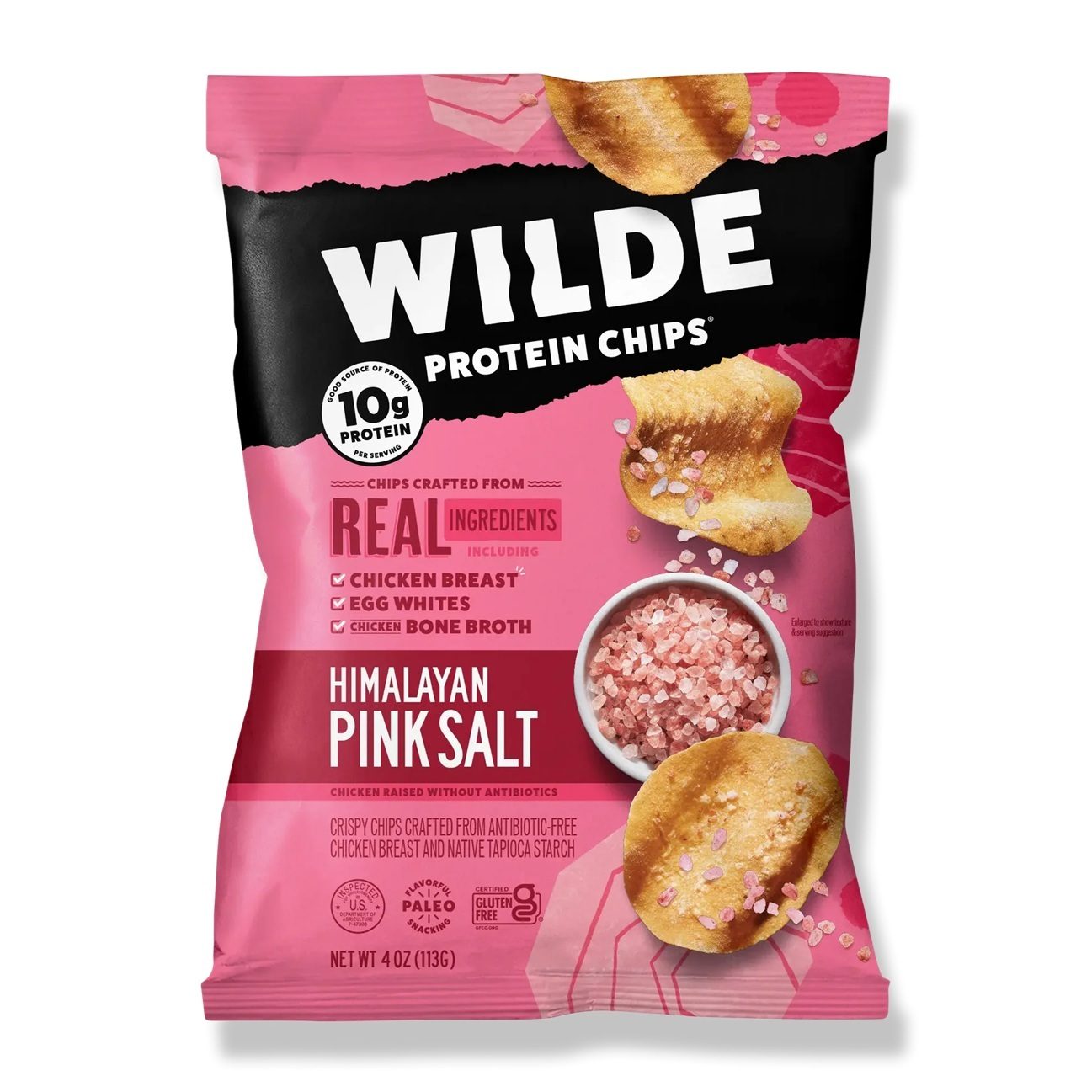 Pink bag of Wilde Himalayan Pink Salt Protein Chips with 10g protein, chips, and salt.
