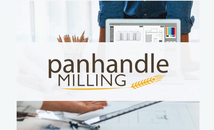 Logo, Wheat icon, Text, Background of office with laptop and people
