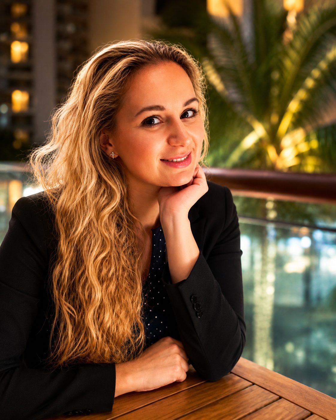 Smiling woman with long blonde hair in black blazer, hand on chin, at a wooden table.