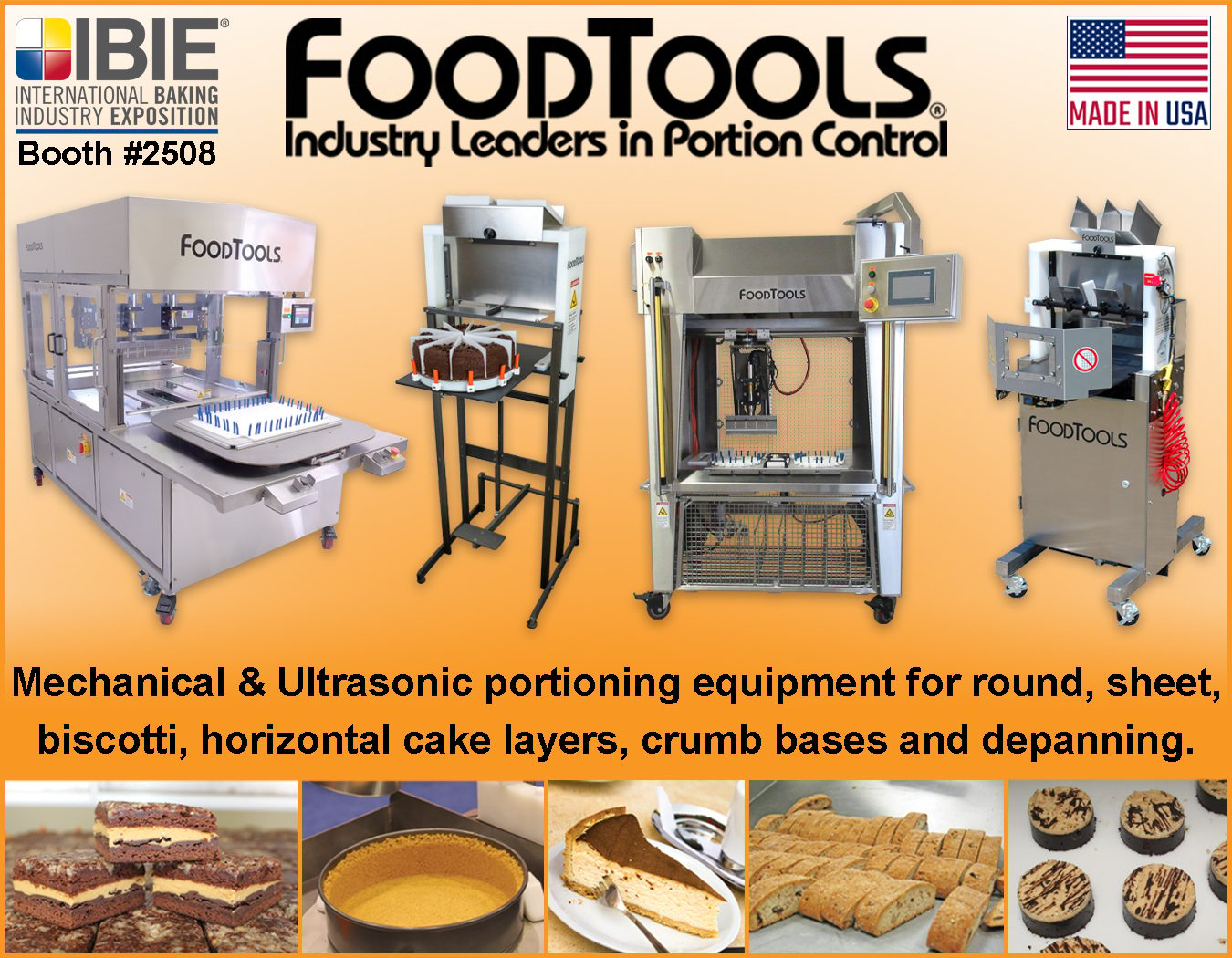 Advertisement, Orange background, Photos of baked goods, Equipment lines