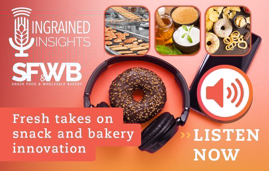 "Ingrained Insights" podcast ad: headphones, donut, snacks, ingredients, "Listen Now" for innovation.