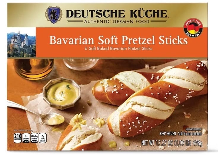 Box of Deutsche Küche Bavarian Soft Pretzel Sticks (6 count, 17.57 oz), imported from Germany.
