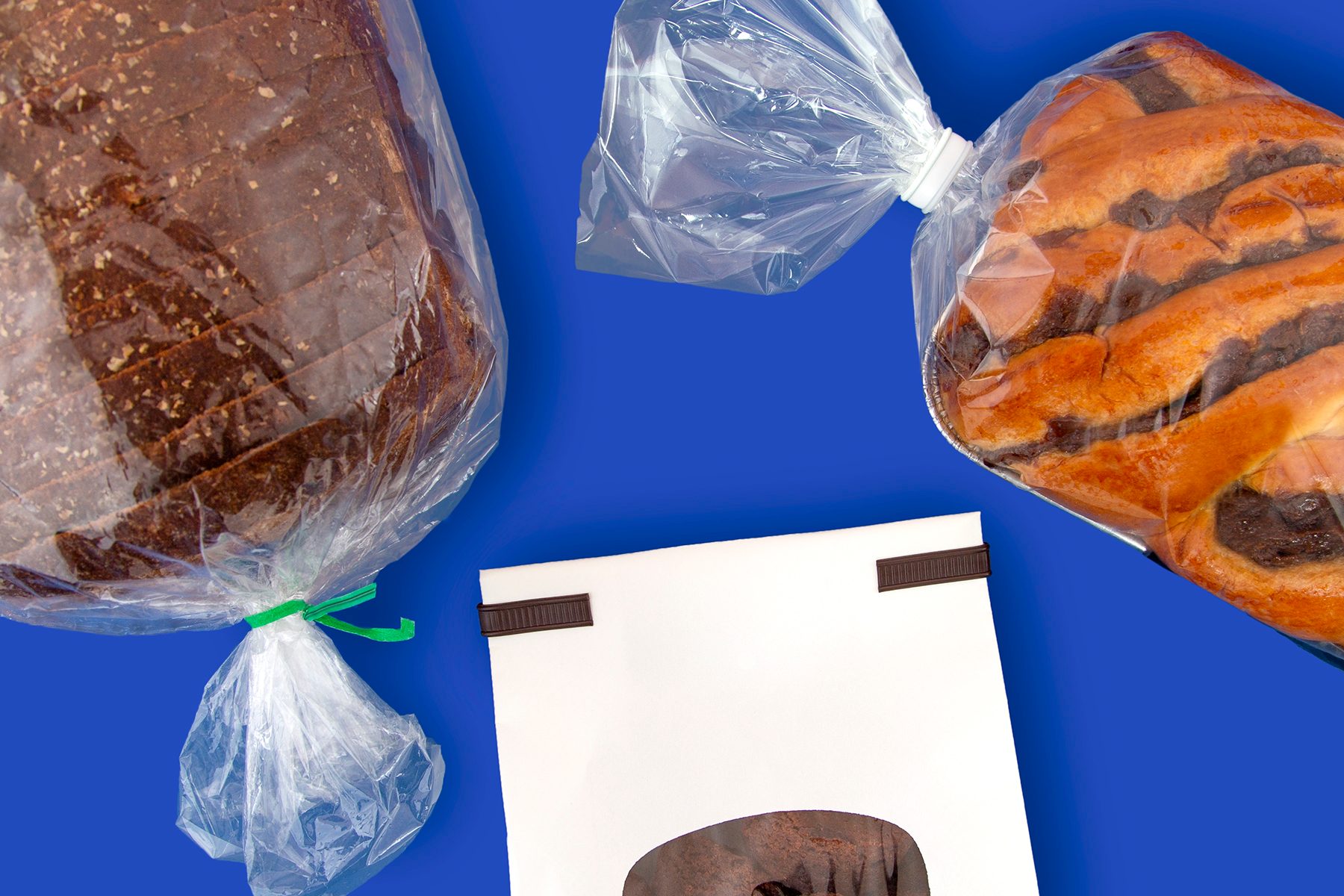 Blue tabletop, Paper bag, Closure, Baked goods, Plastic bags
