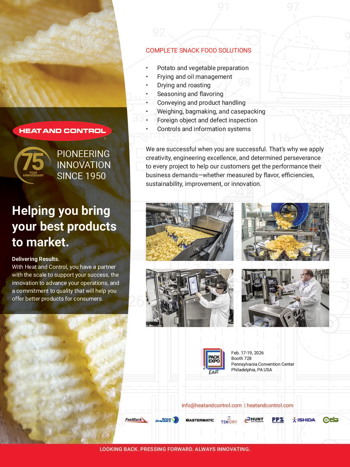 Heat and Control ad for snack food production solutions, 75 years of innovation, PACK EXPO East.