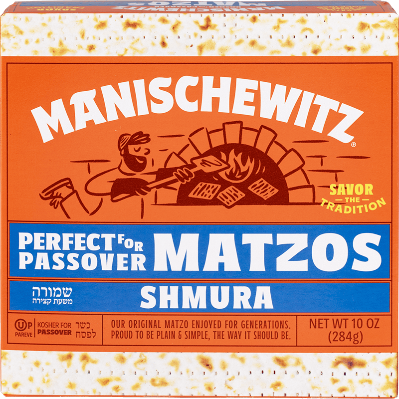 Orange and blue box of Manischewitz Matzos Shmura, with a baker illustration.