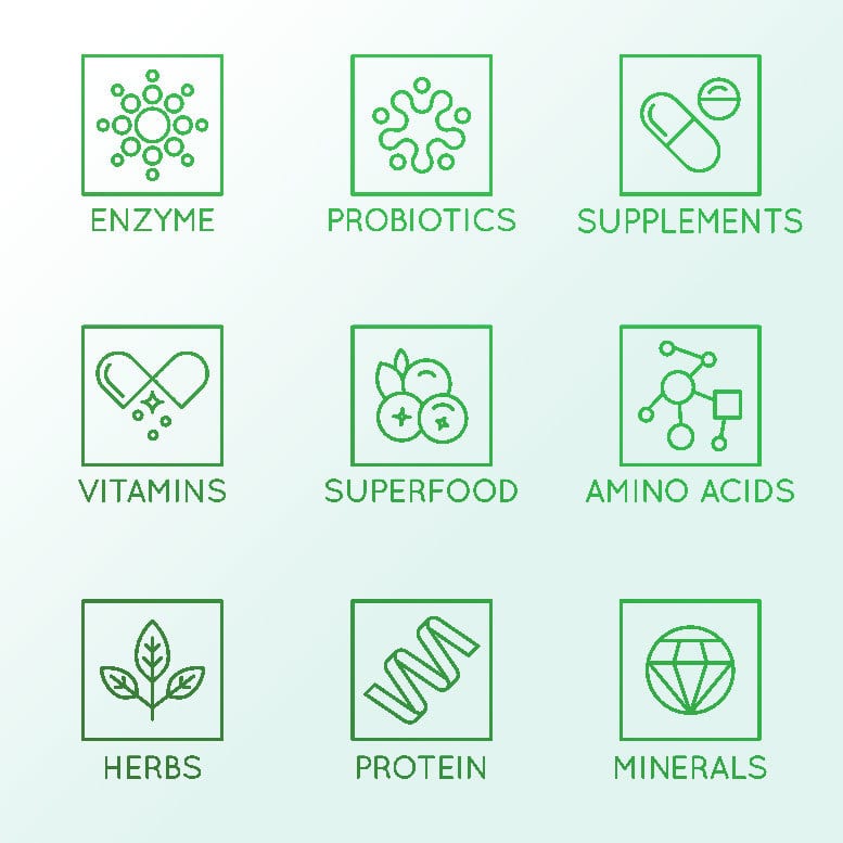 Icons, Illustration, Enzyme, Probiotics, Protein, Boxes, Green squares, Grid