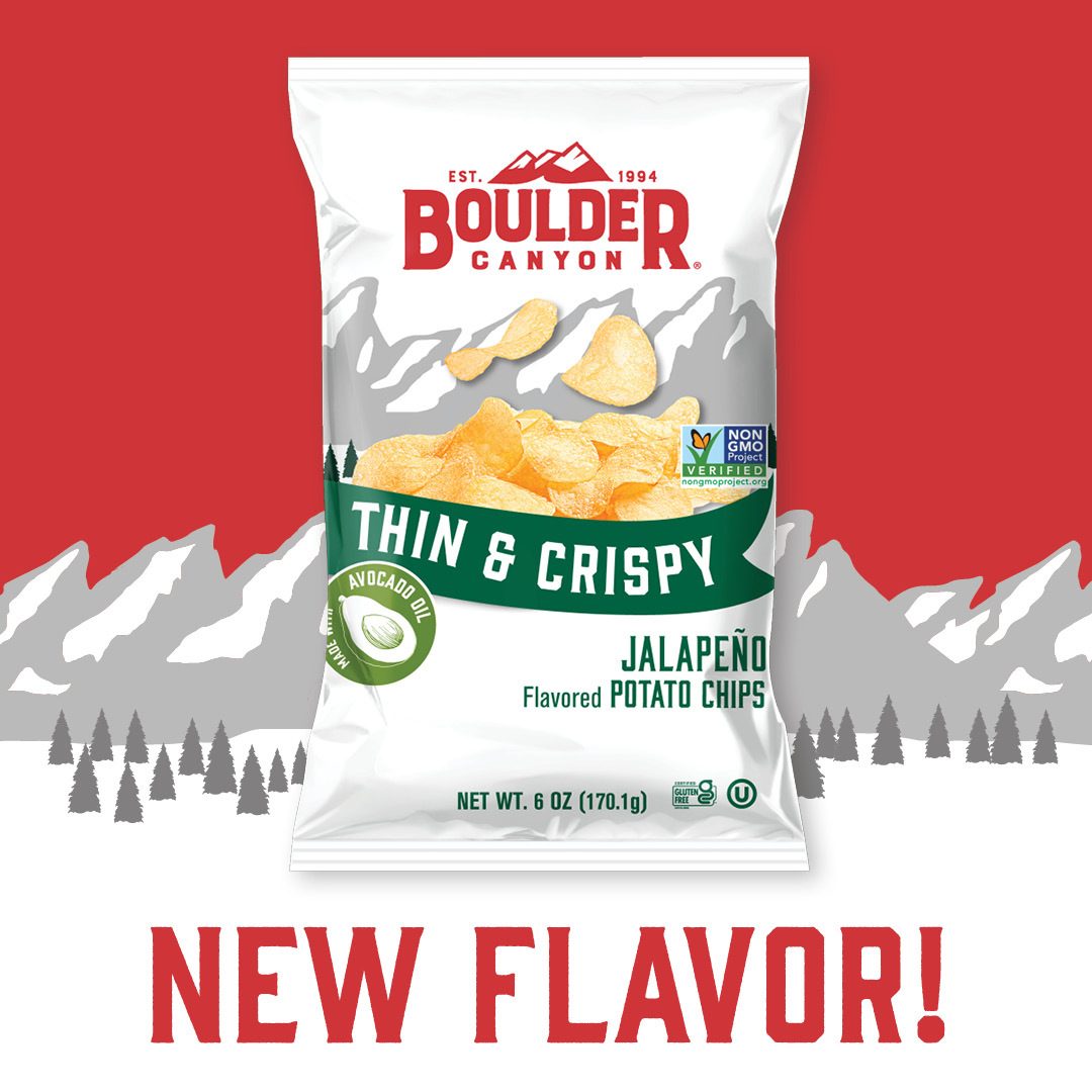 Potato chips, Bag, Product, Red, White, Green, Mountains illustration
