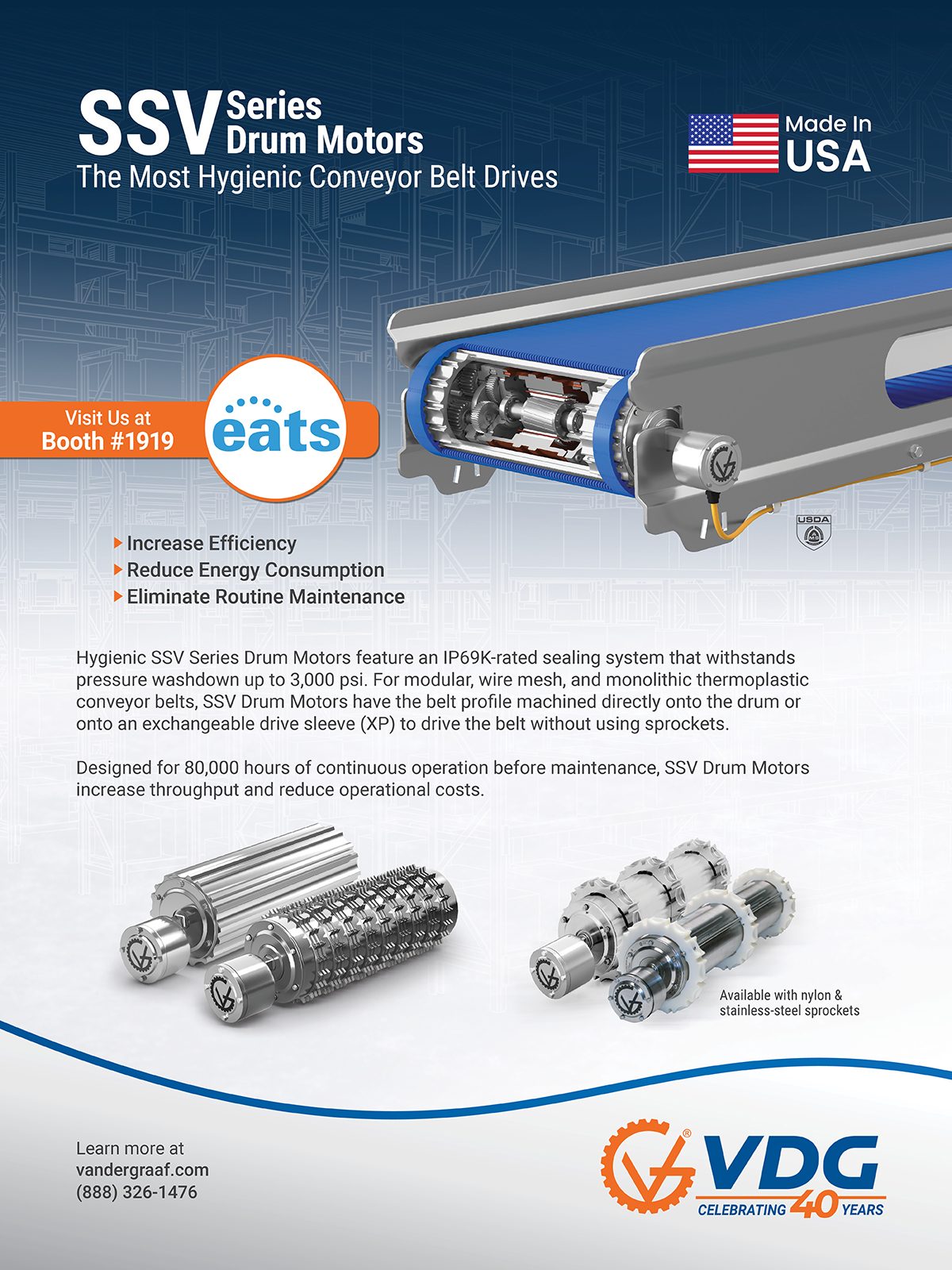 Advertisement for SSV Series Drum Motors: hygienic conveyor belt drives, Made in USA, with product visuals.