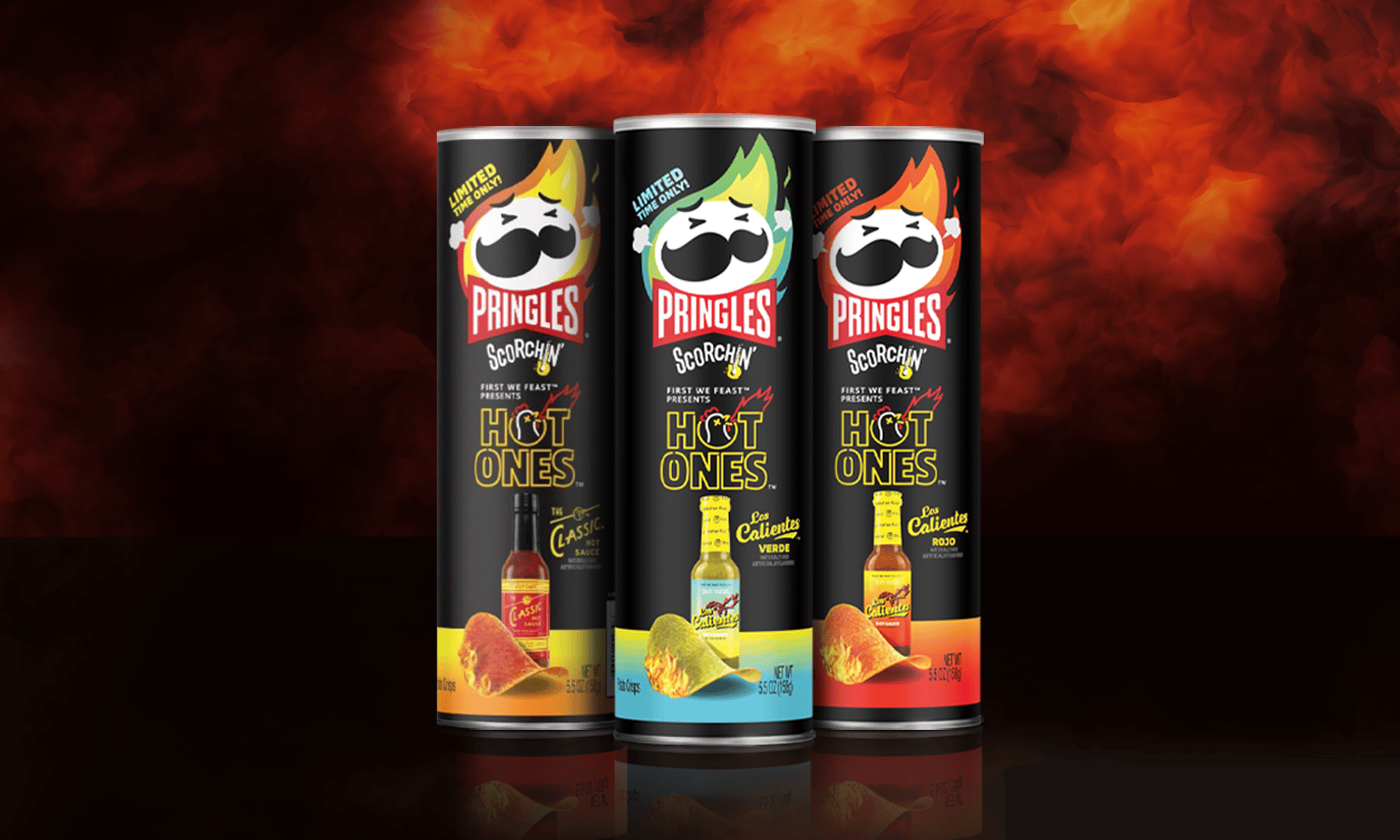 Product line, Pringles, Cans, Black, Flames, Colorful, Hot sauce