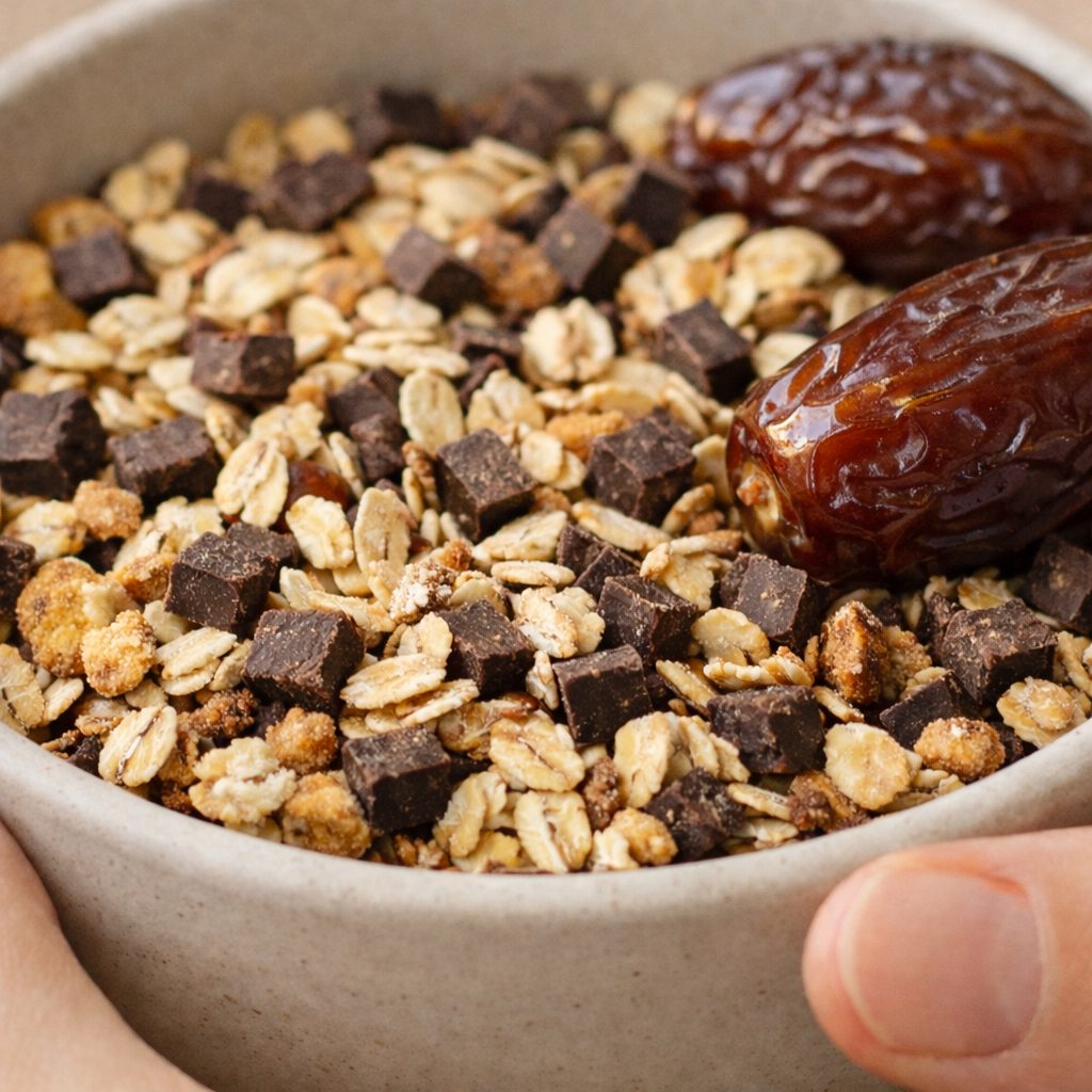 Close-up of a bowl of granola with chocolate chunks and two whole dates, held by hands.
