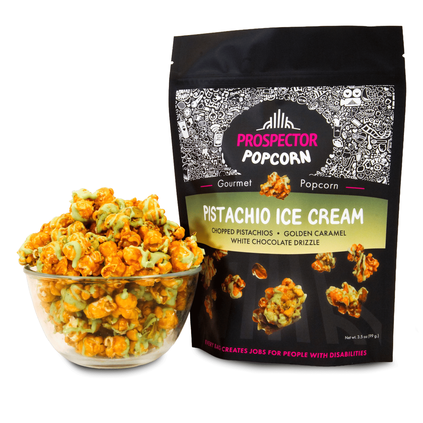 A bag of Prospector Popcorn Pistachio Ice Cream flavor next to a glass bowl filled with the popcorn.