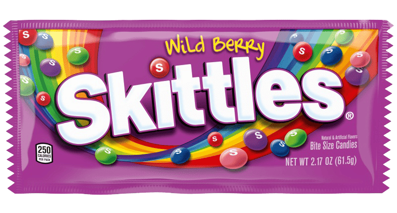 Purple Skittles Wild Berry candy bag with white logo, colorful candies, and a rainbow.