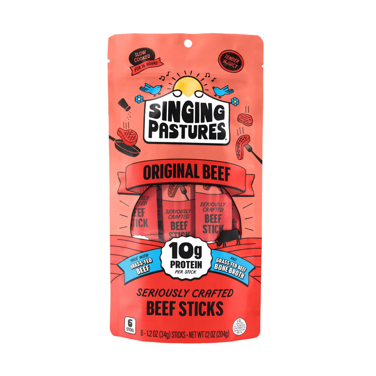 Red package of Singing Pastures Original Beef Sticks, featuring 10g protein and grass-fed beef.