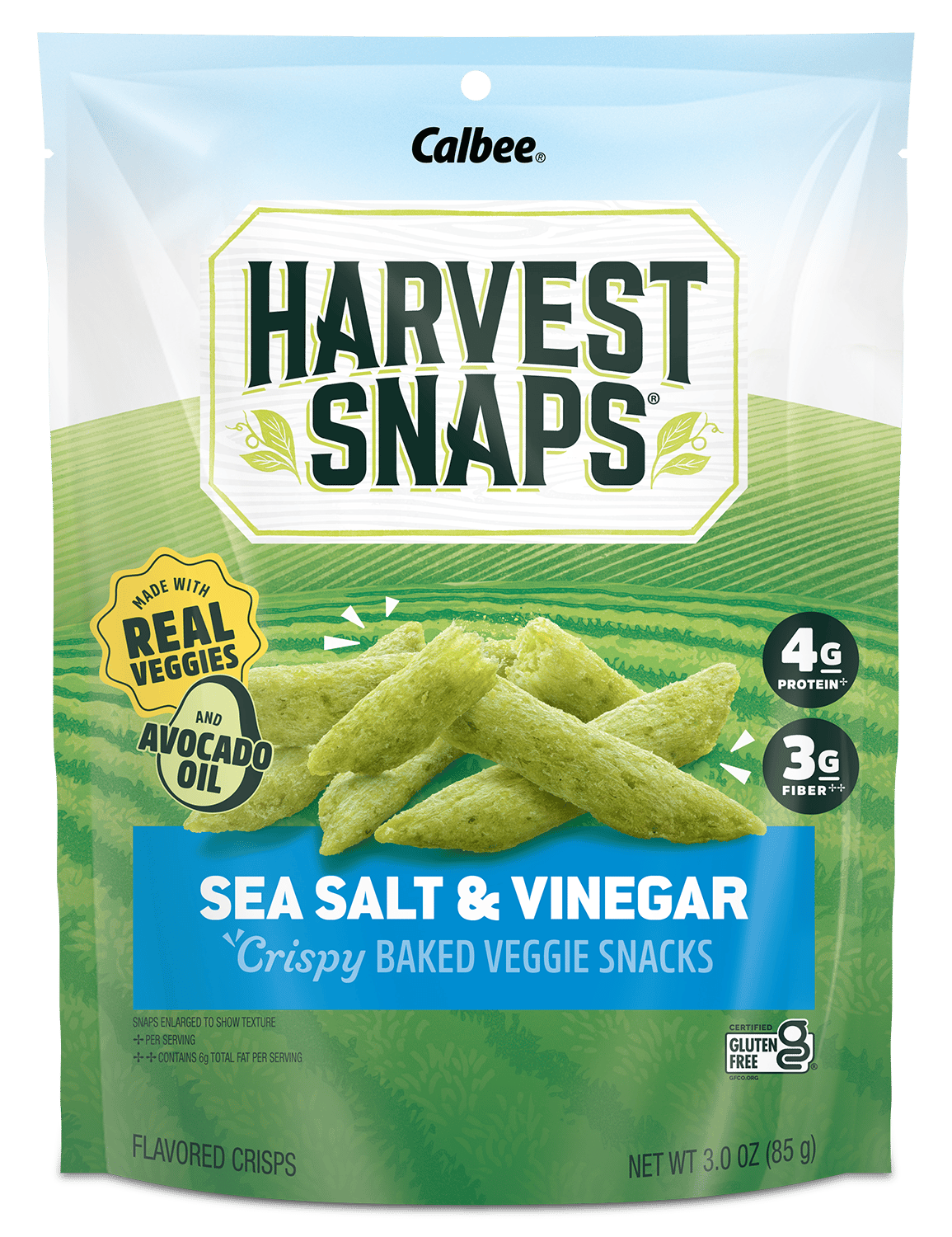 Bag of Calbee Harvest Snaps Sea Salt & Vinegar Crispy Baked Veggie Snacks.