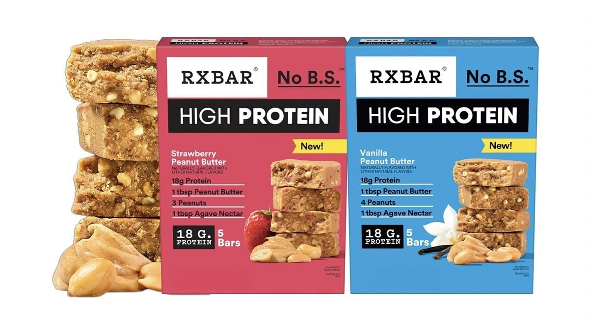 Two RXBAR "No B.S." high protein peanut butter bars, strawberry and vanilla flavors.