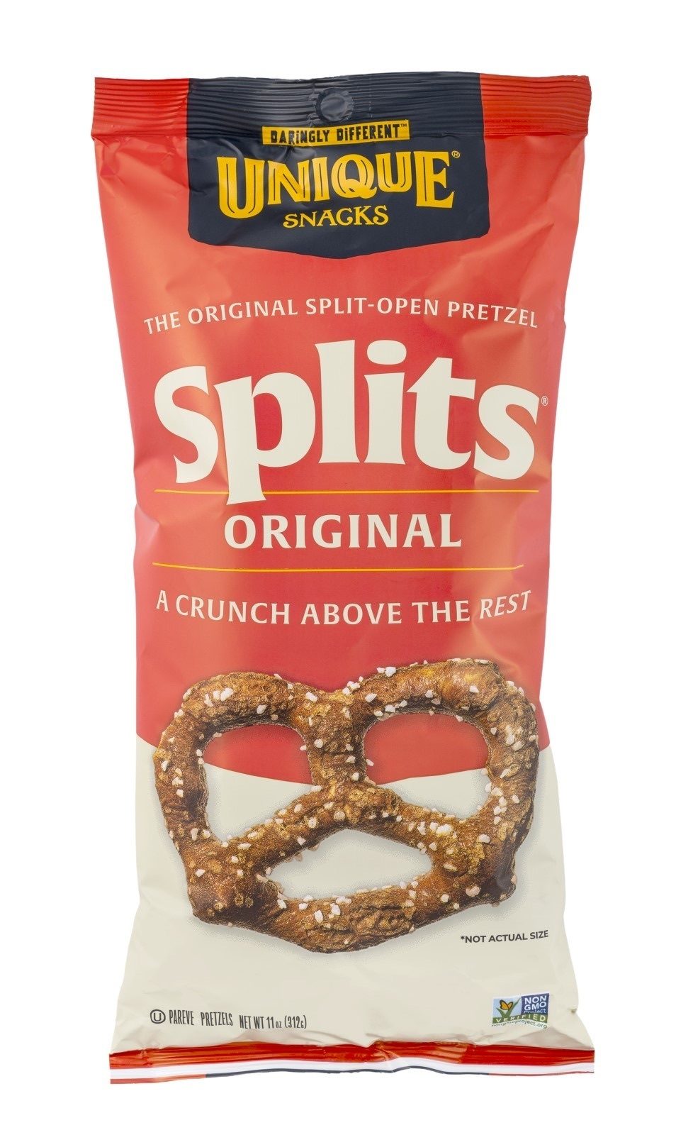 Red bag of Unique Snacks Splits Original Pretzels, featuring a large pretzel and "A Crunch Above The Rest."