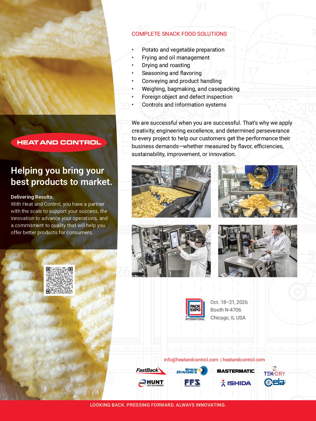 Ad highlighting Heat and Control's snack food processing machinery, solutions, and event presence.