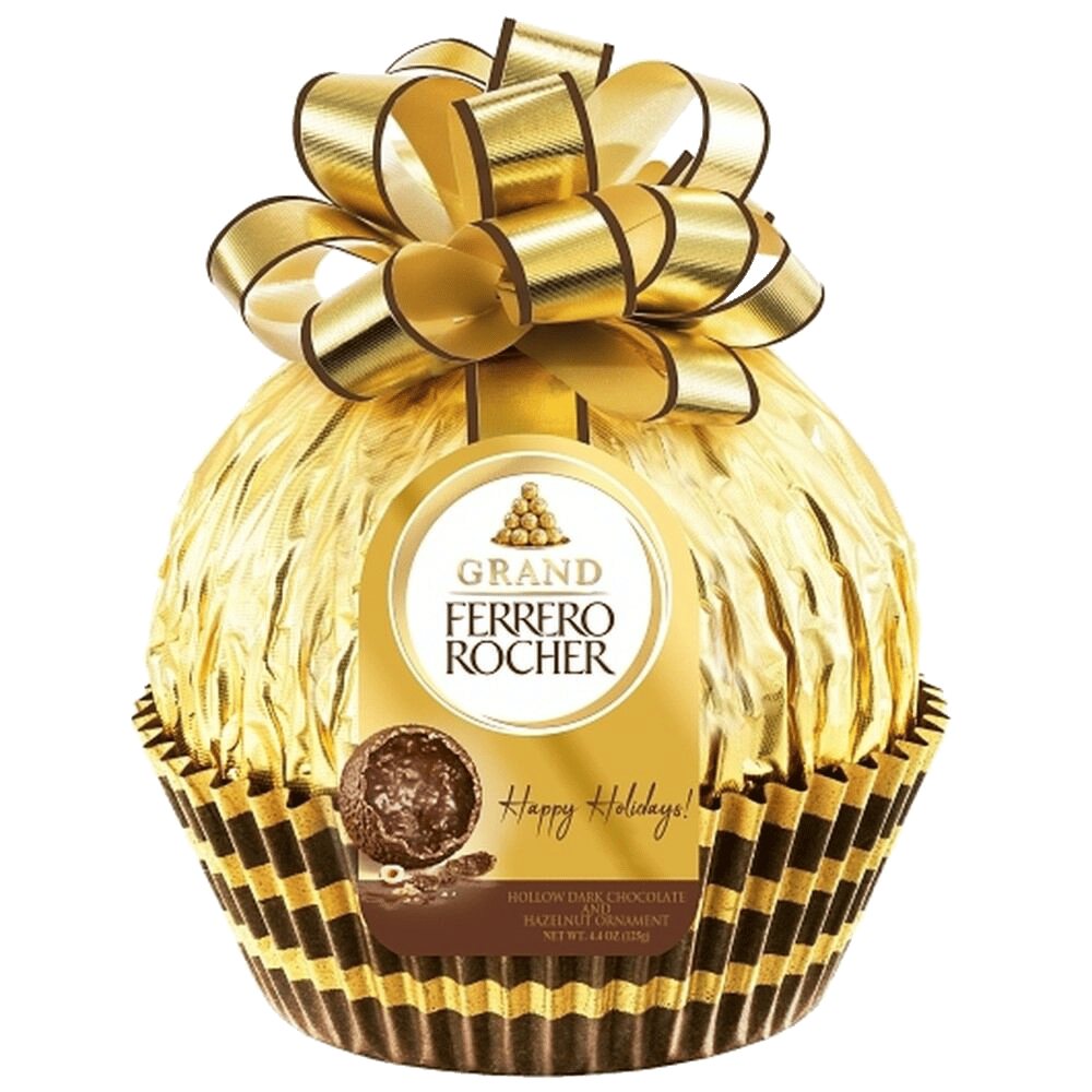 Large gold Ferrero Rocher chocolate with a bow and "Happy Holidays!" label.