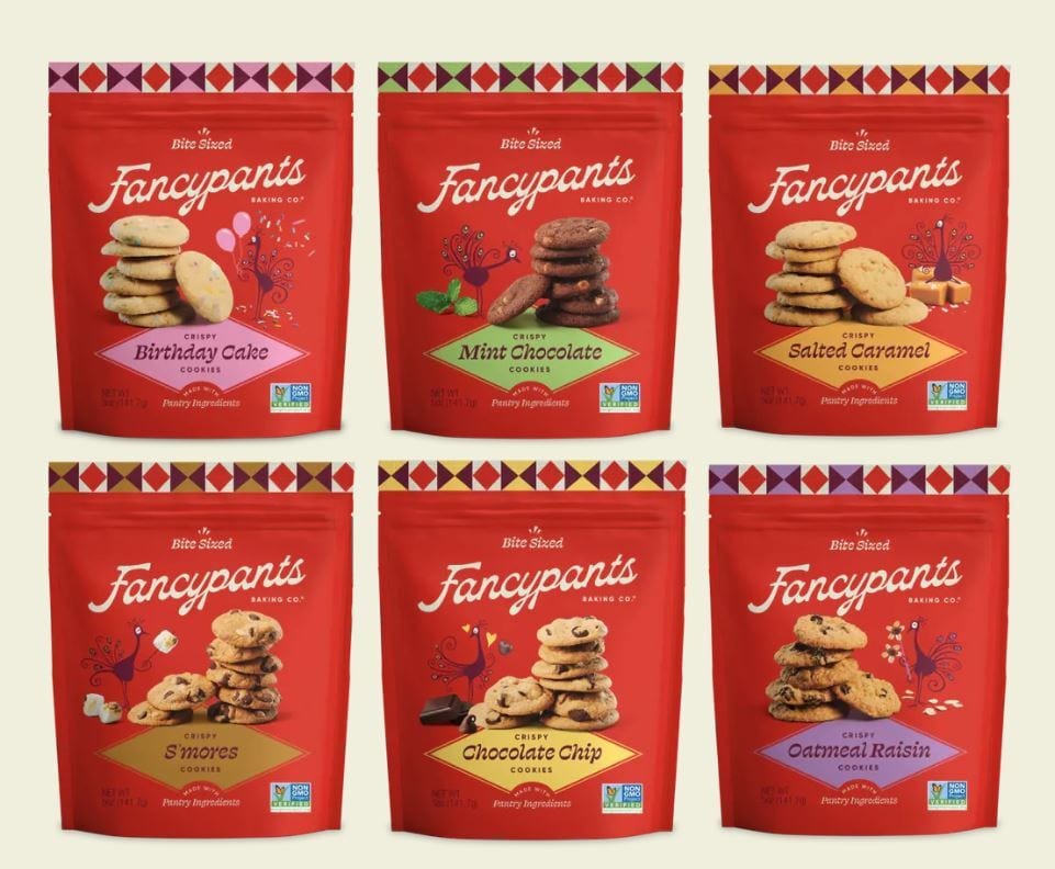 All six of Fancypants’ cookies flavors in red packaging.