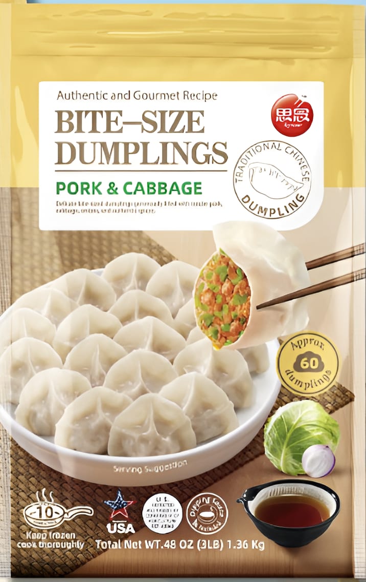 Frozen bite-size pork & cabbage dumplings bag, approx. 60 pieces.