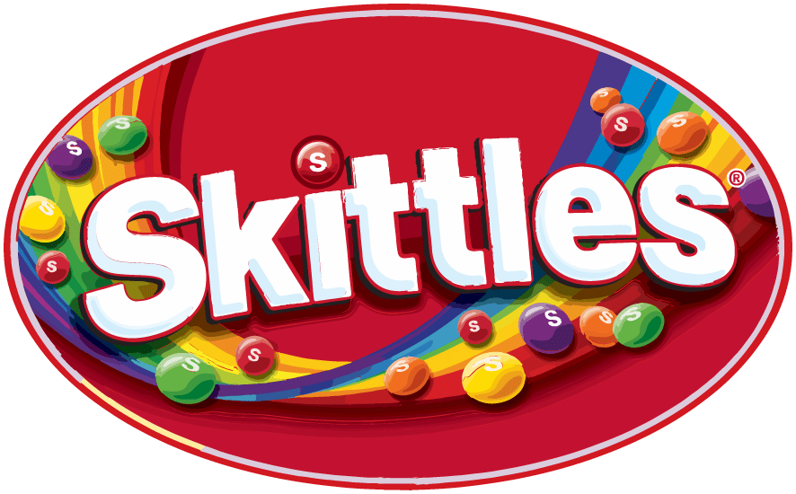 Skittles logo: white "Skittles" text on a red oval with rainbow arcs and colorful candies.