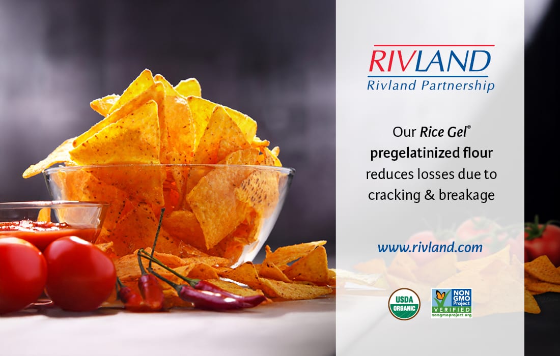 Tortilla chips with text about Rivland's pregelatinized flour reducing cracking & breakage.
