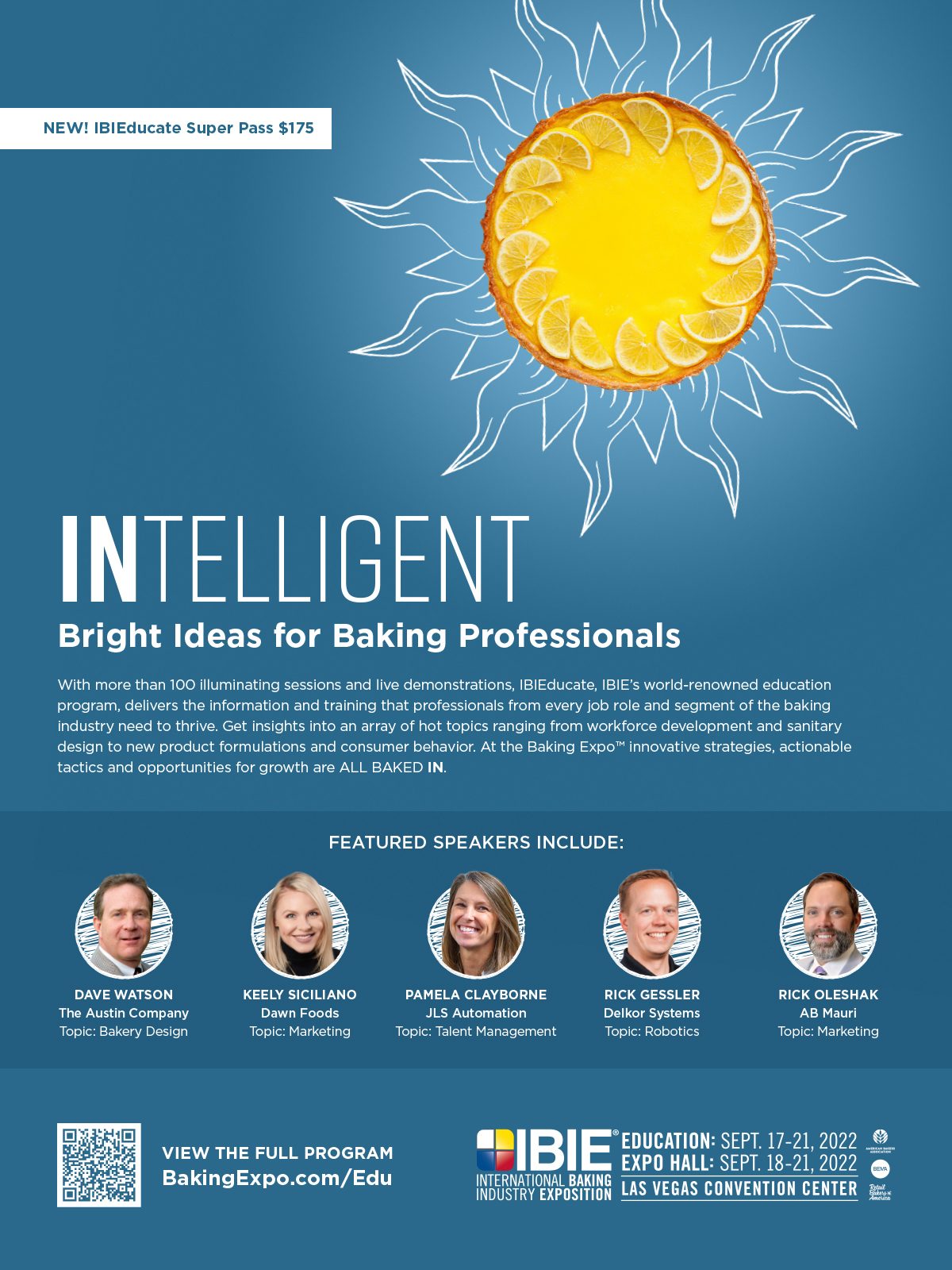 Full page ad, Blue background, Sun illustration, Lemon pie, Headshots
